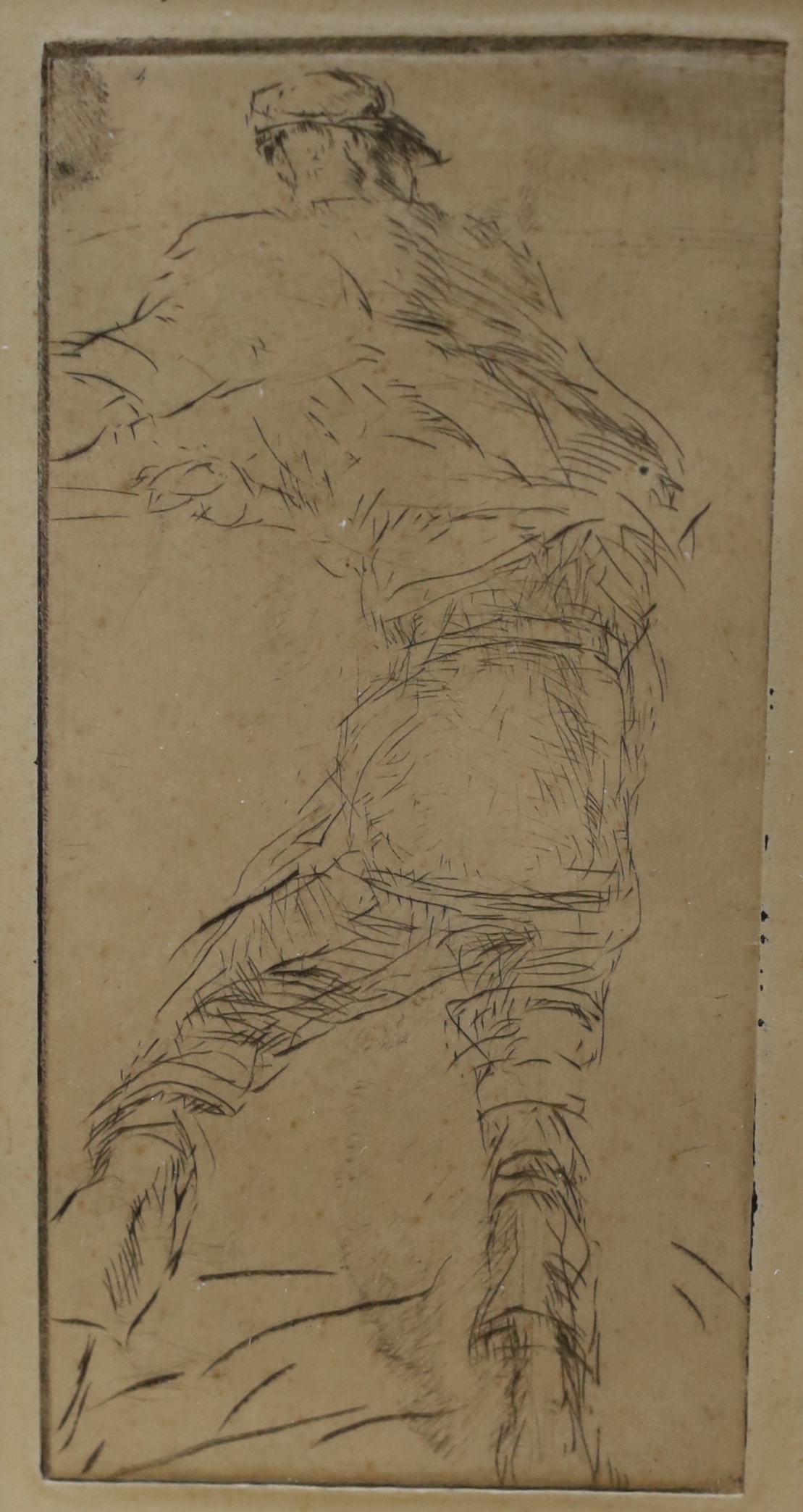Harry Becker (1865-1928), drypoint etching, Study of a labourer, 14.5 x 7.5cm, an etching of Kersey, Suffolk by Ricketts and two small woodcuts